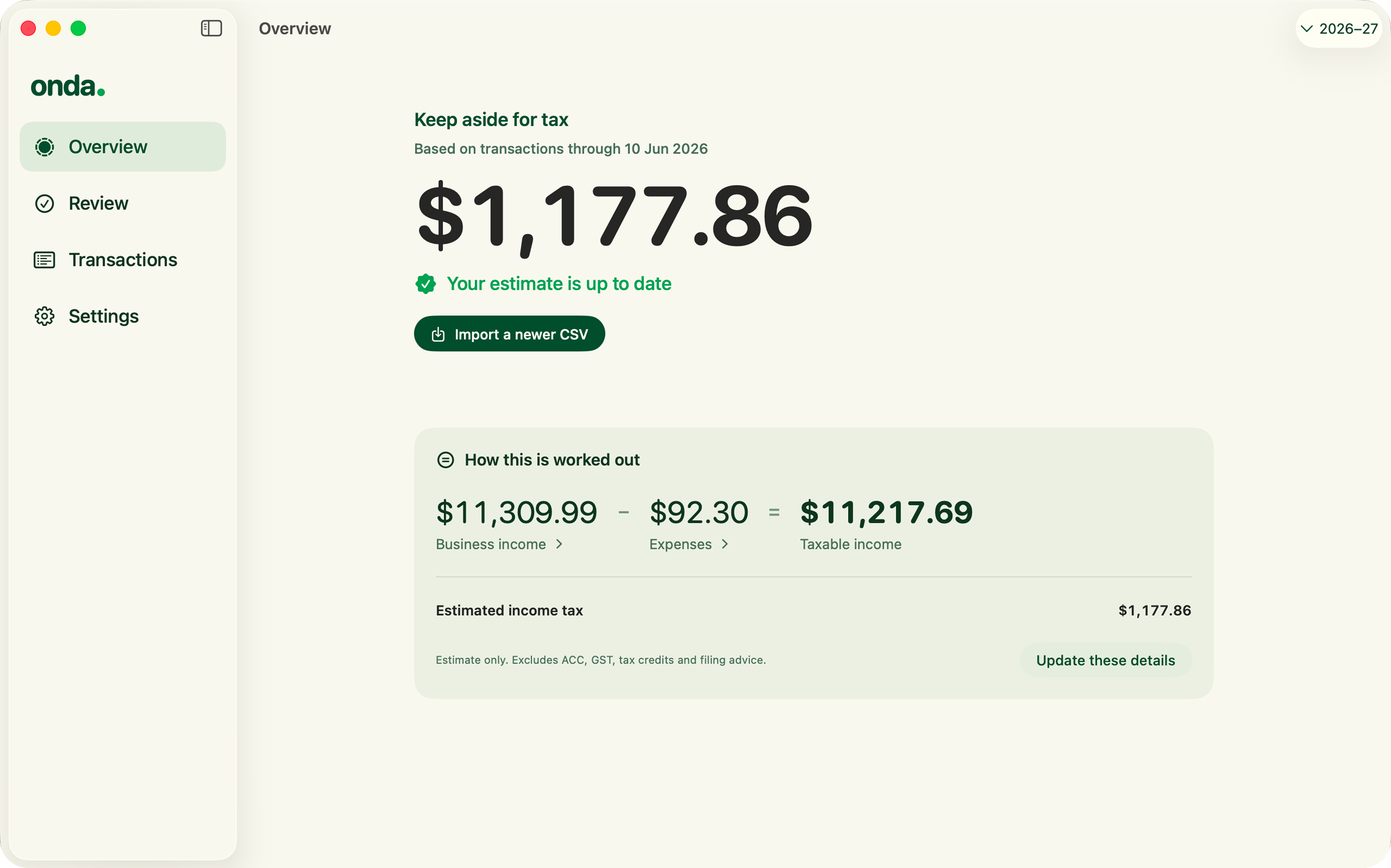 Onda showing an estimated amount to keep aside for tax